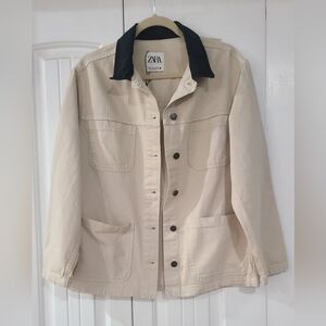 Zara Cream Cotton light Jacket with Black Collar